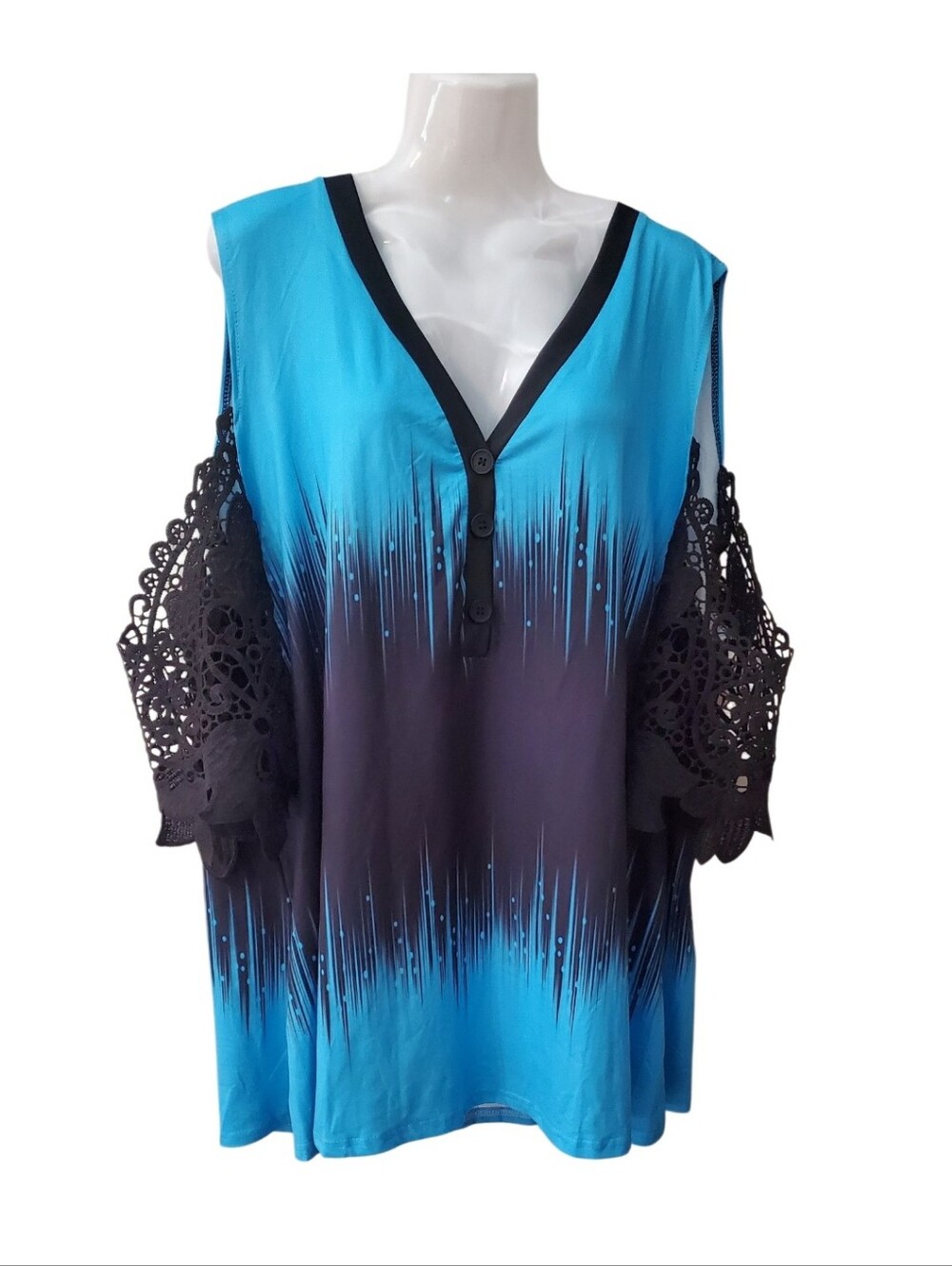 Cold-Shoulder V-Neck Blue and Black Lace-Sleeve Women's Blouse